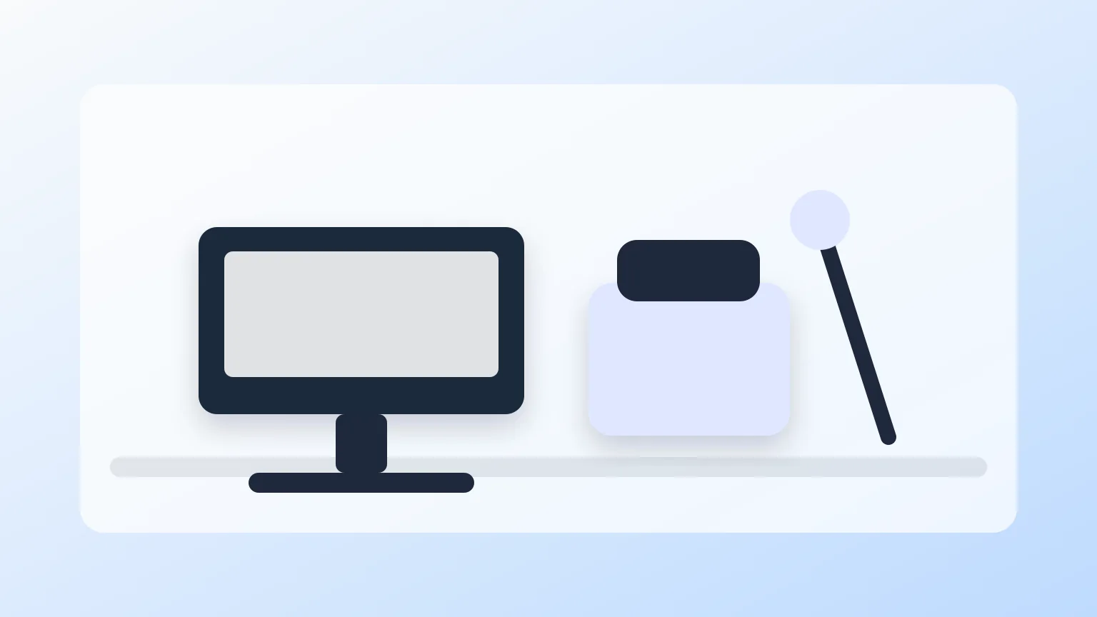 Secretária de home office com monitor, cadeira, candeeiro e acessórios organizados.